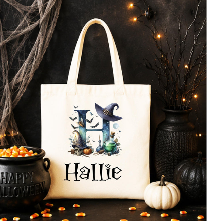 Halloween Tote Bag for Boys Girls, Witch Initial Treat Bag Personalized Halloween Trick or Treat Bag, Custom Name Kids Candy Bag