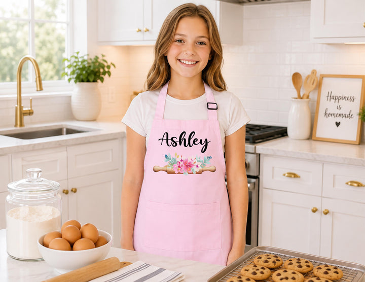 Custom Name Floral Rolling Pin Apron for Girls – Little Baker Gift