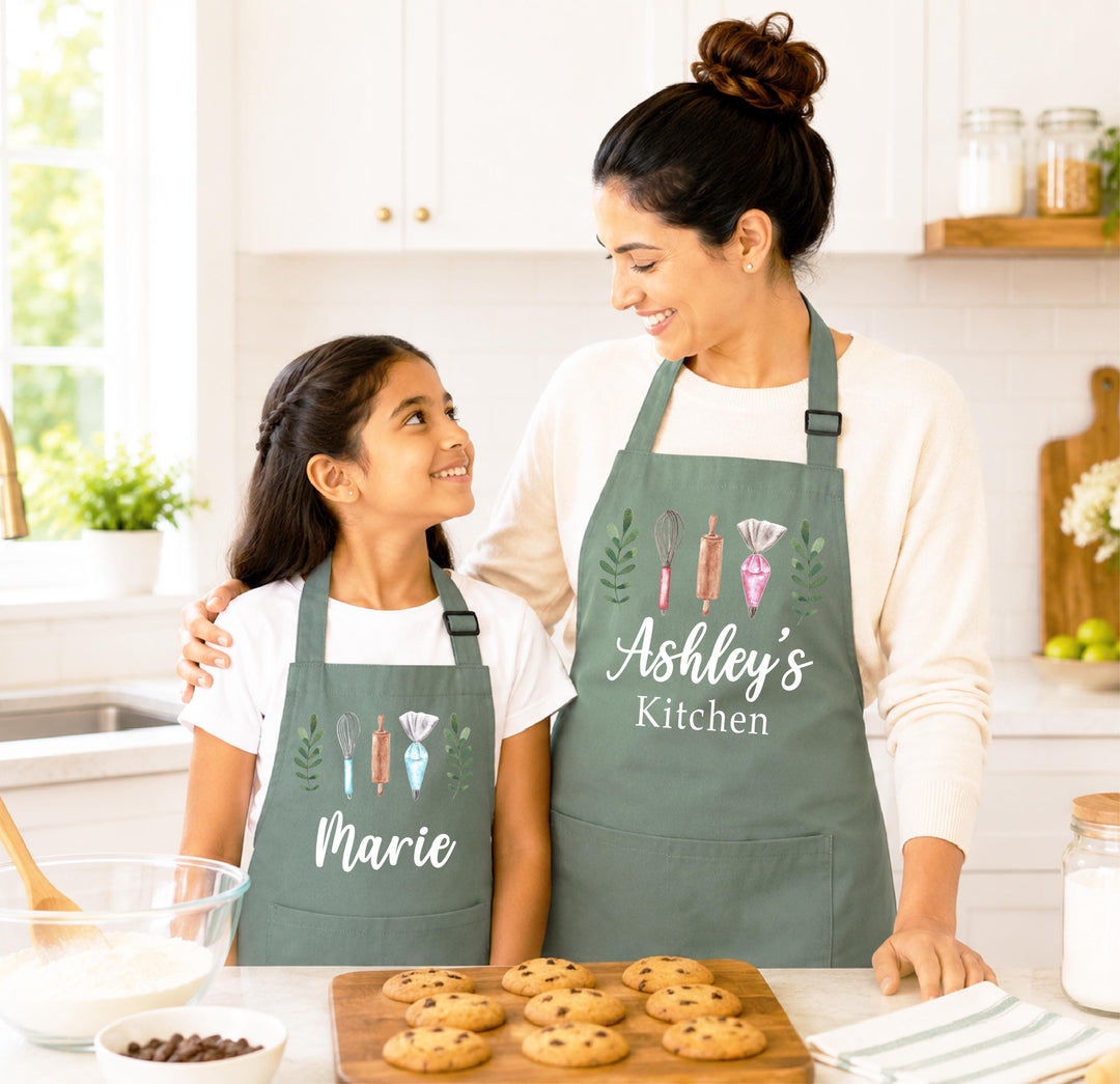 Personalized Apron for Mom &amp; Kids, Custom Name Cooking Apron, Matching Mother Daughter Son Aprons, Mommy and Me Baking Gift, Kitchen Gift