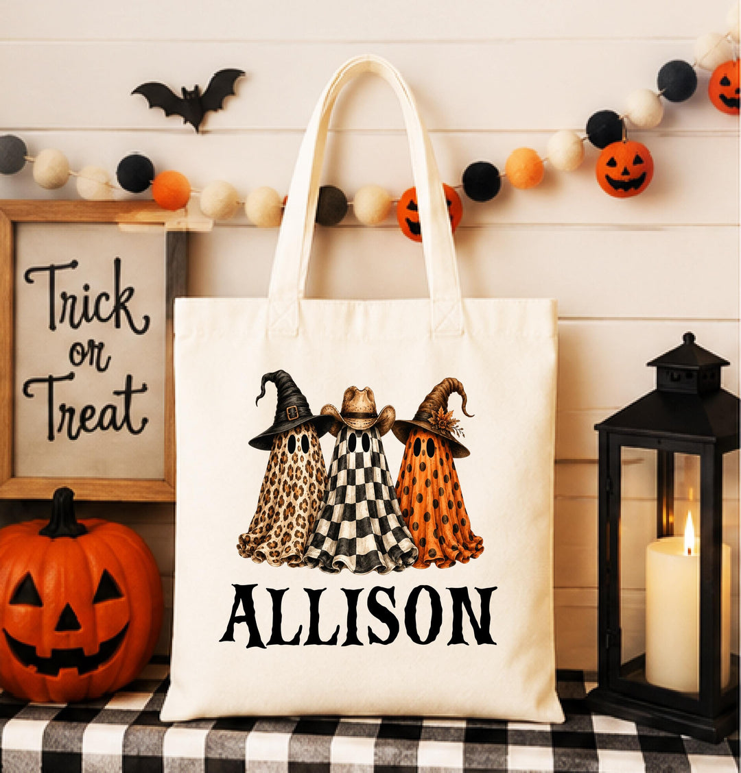 Personalized Leopard Ghost Halloween Tote – Custom Name Candy Bag