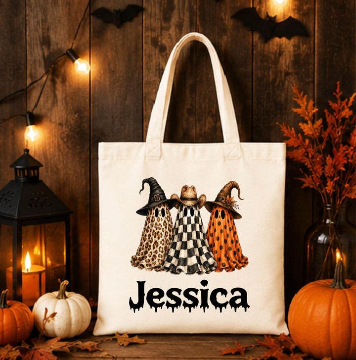 Personalized Leopard Ghost Halloween Tote – Custom Name Candy Bag