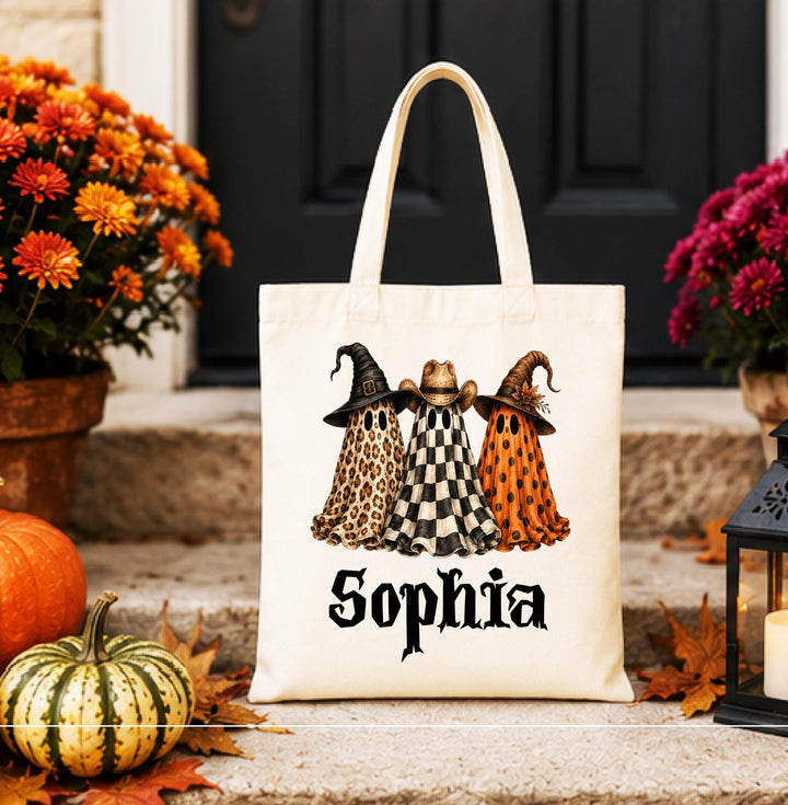 Personalized Leopard Ghost Halloween Tote – Custom Name Candy Bag