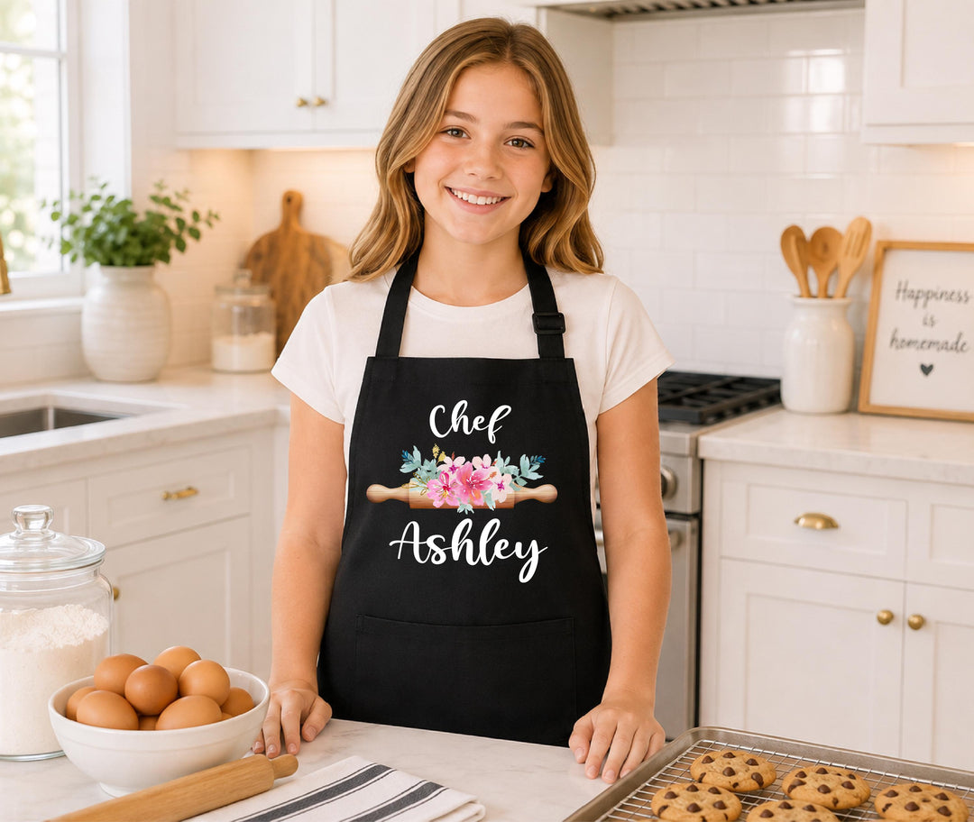 Custom Name Floral Rolling Pin Apron for Girls – Little Baker Gift