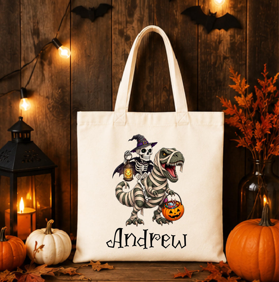 Personalized Skeleton Dinosaur Halloween Tote – Custom Name Candy Bag