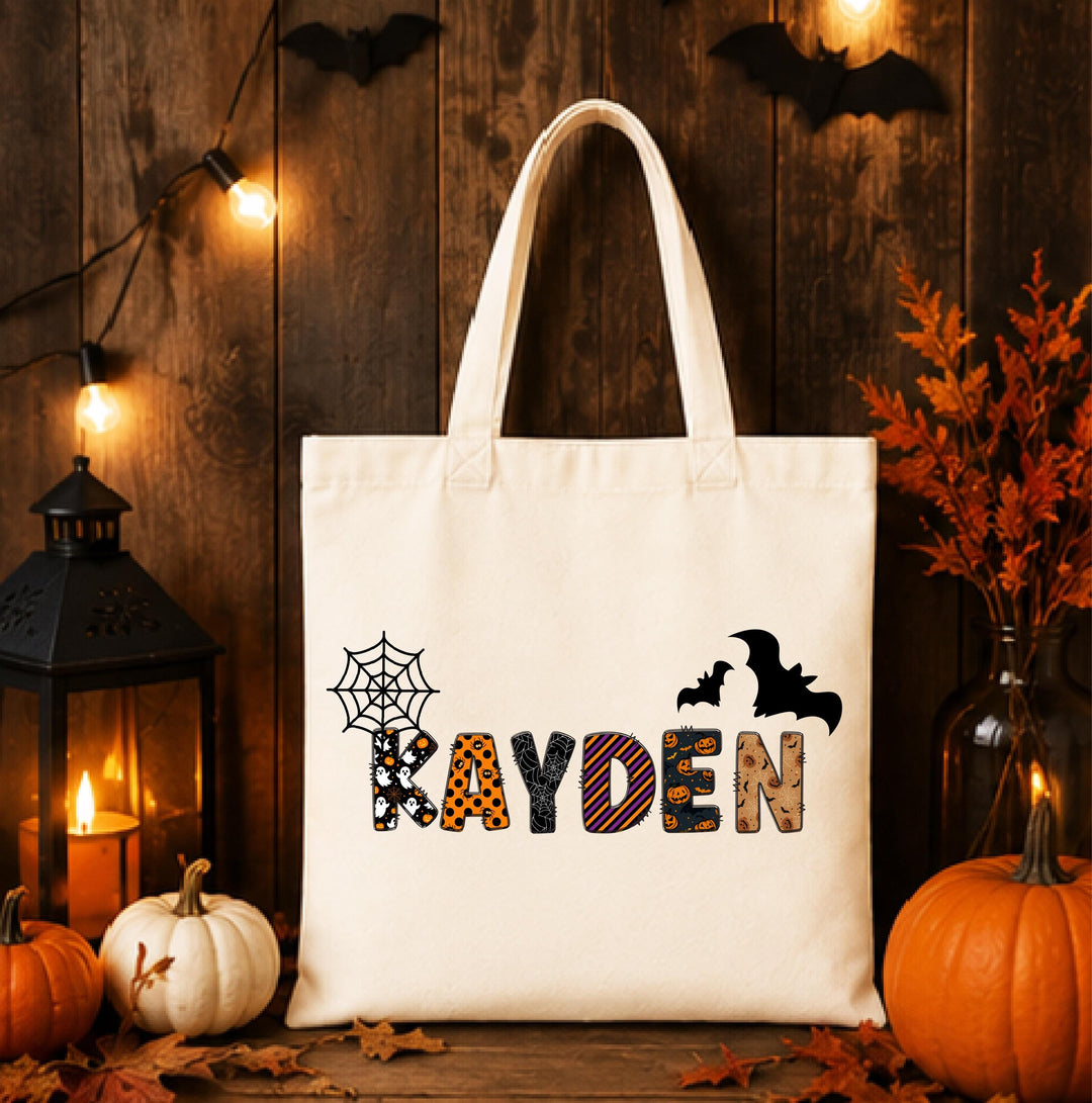 Personalized Spooky Name Halloween Tote – Custom Bats & Web Bag