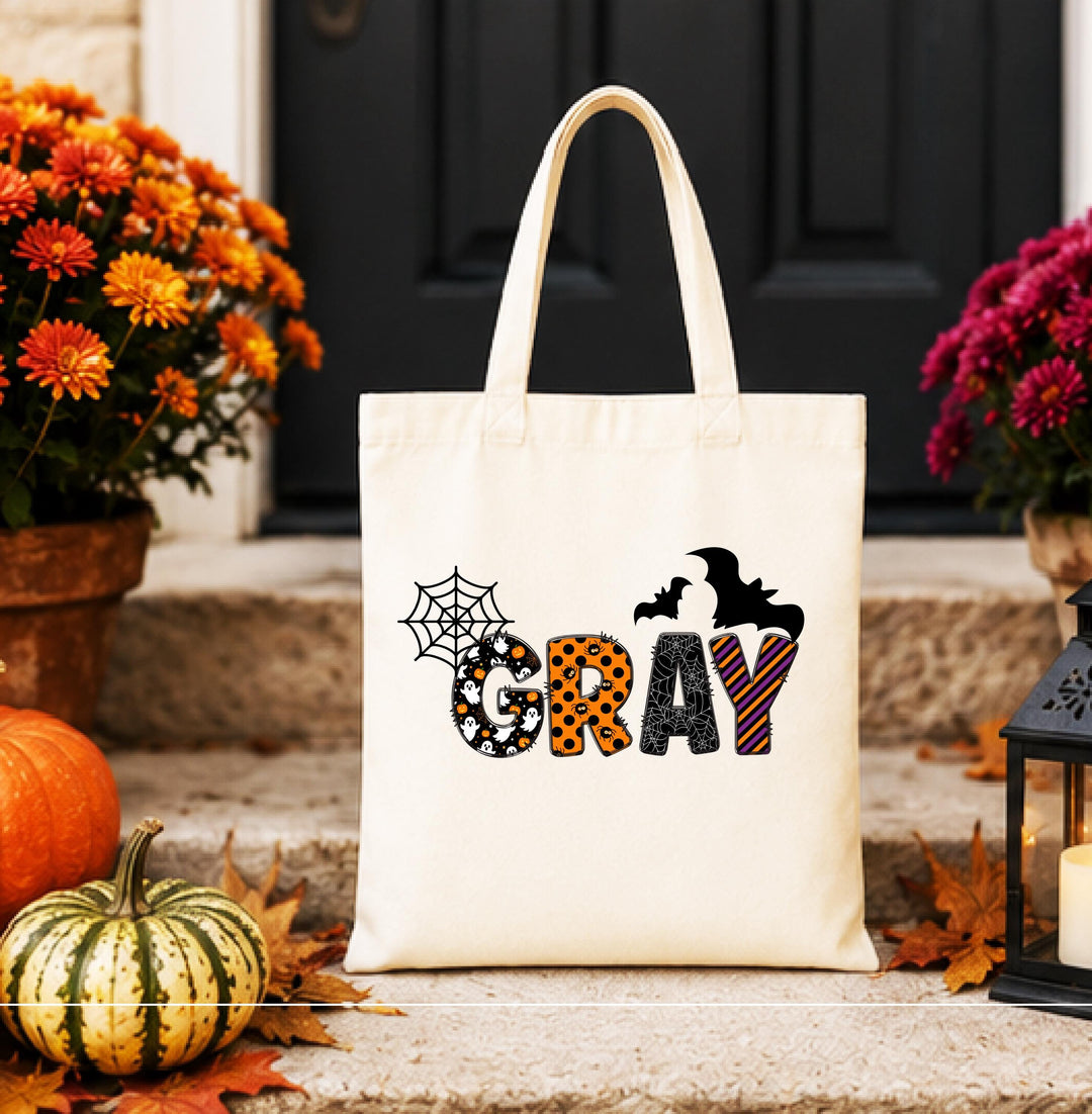 Personalized Spooky Name Halloween Tote – Custom Bats & Web Bag