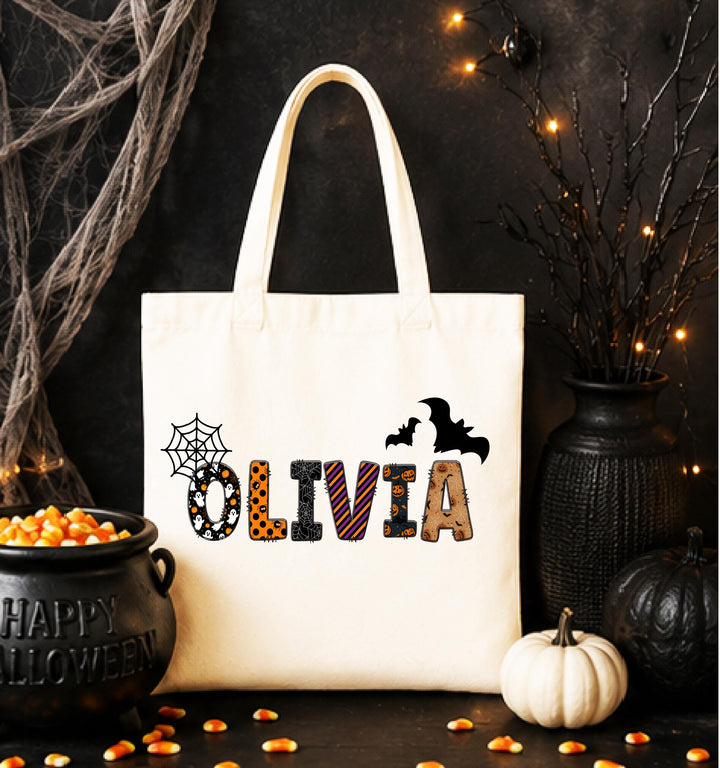Personalized Spooky Name Halloween Tote – Custom Bats & Web Bag