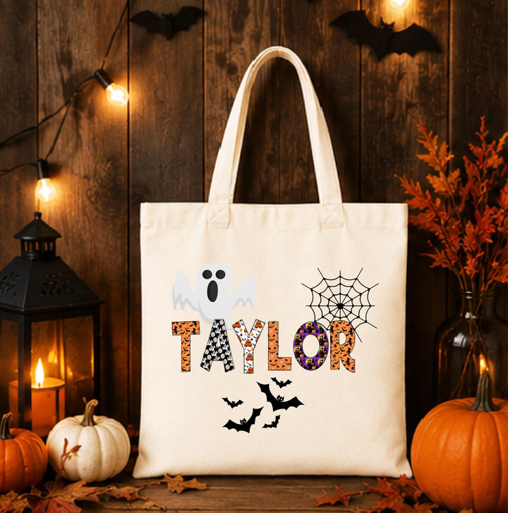 Personalized Ghost Spiderweb Halloween Tote – Custom Name Bag