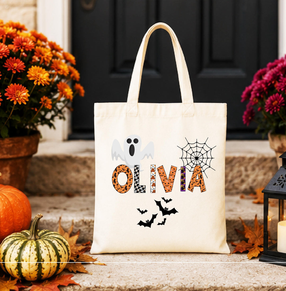 Personalized Ghost Spiderweb Halloween Tote – Custom Name Bag