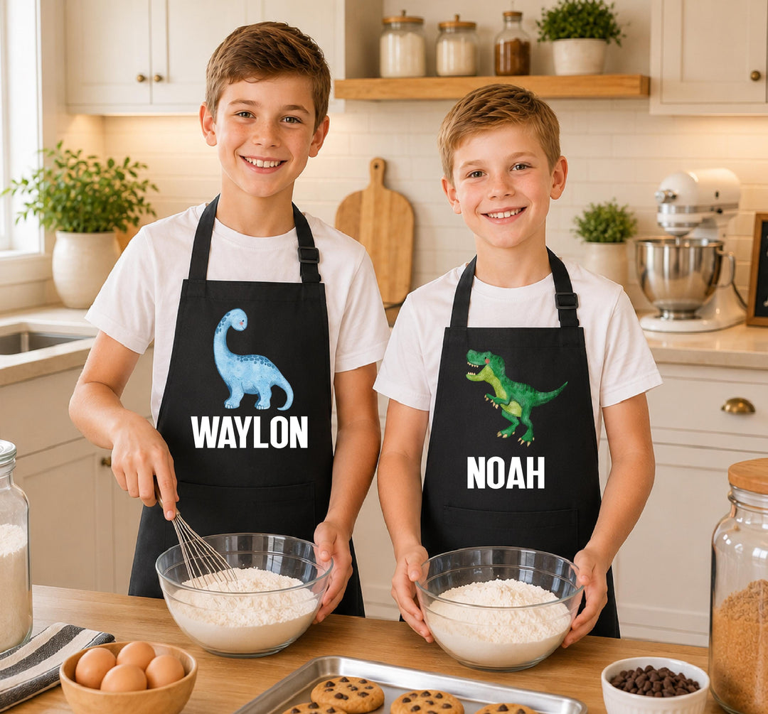Personalized Kids Dinosaur Apron, Custom Name Baking Apron for Boys, Toddler Cooking Apron, Kids Chef Apron, Dinosaur Gift