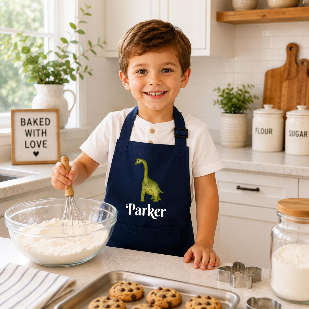 Personalized Kids Dinosaur Apron, Custom Name Baking Apron for Boys, Toddler Cooking Apron, Kids Chef Apron, Dinosaur Gift