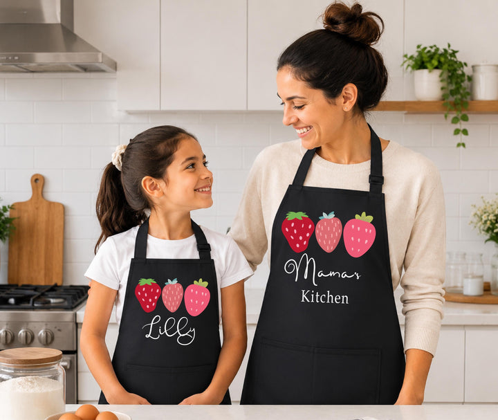 Mother Daughter Matching Apron, Custom Name Kids Baking Apron, Strawberry Kitchen Gift for Mom and Girl