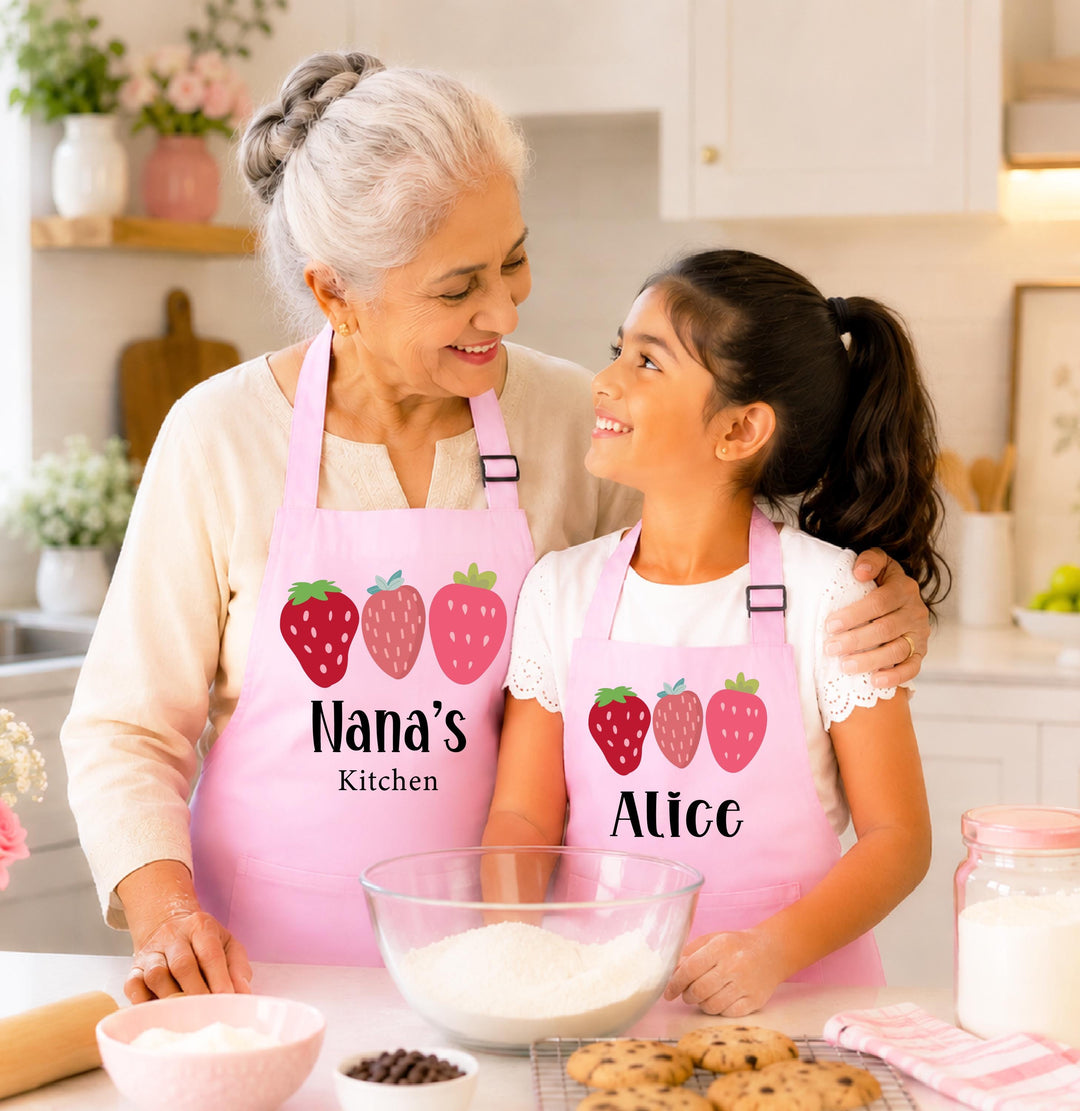 Mother Daughter Matching Apron, Custom Name Kids Baking Apron, Strawberry Kitchen Gift for Mom and Girl