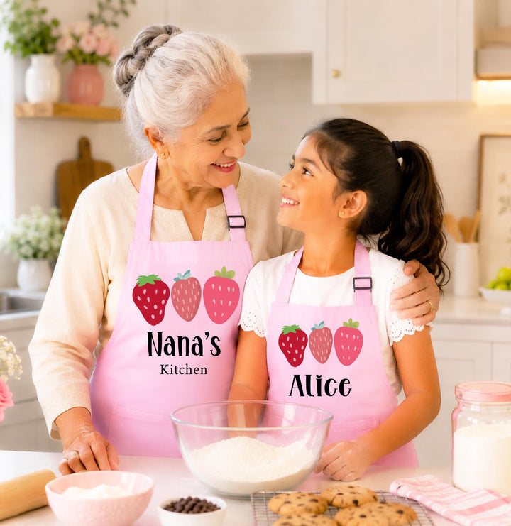 Mother Daughter Matching Apron, Custom Name Kids Baking Apron, Strawberry Kitchen Gift for Mom and Girl