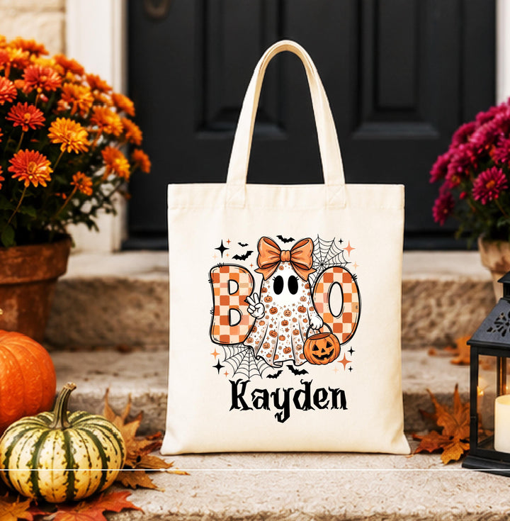 Personalized BOO Ghost Fall Tote – Custom Name Halloween Bag