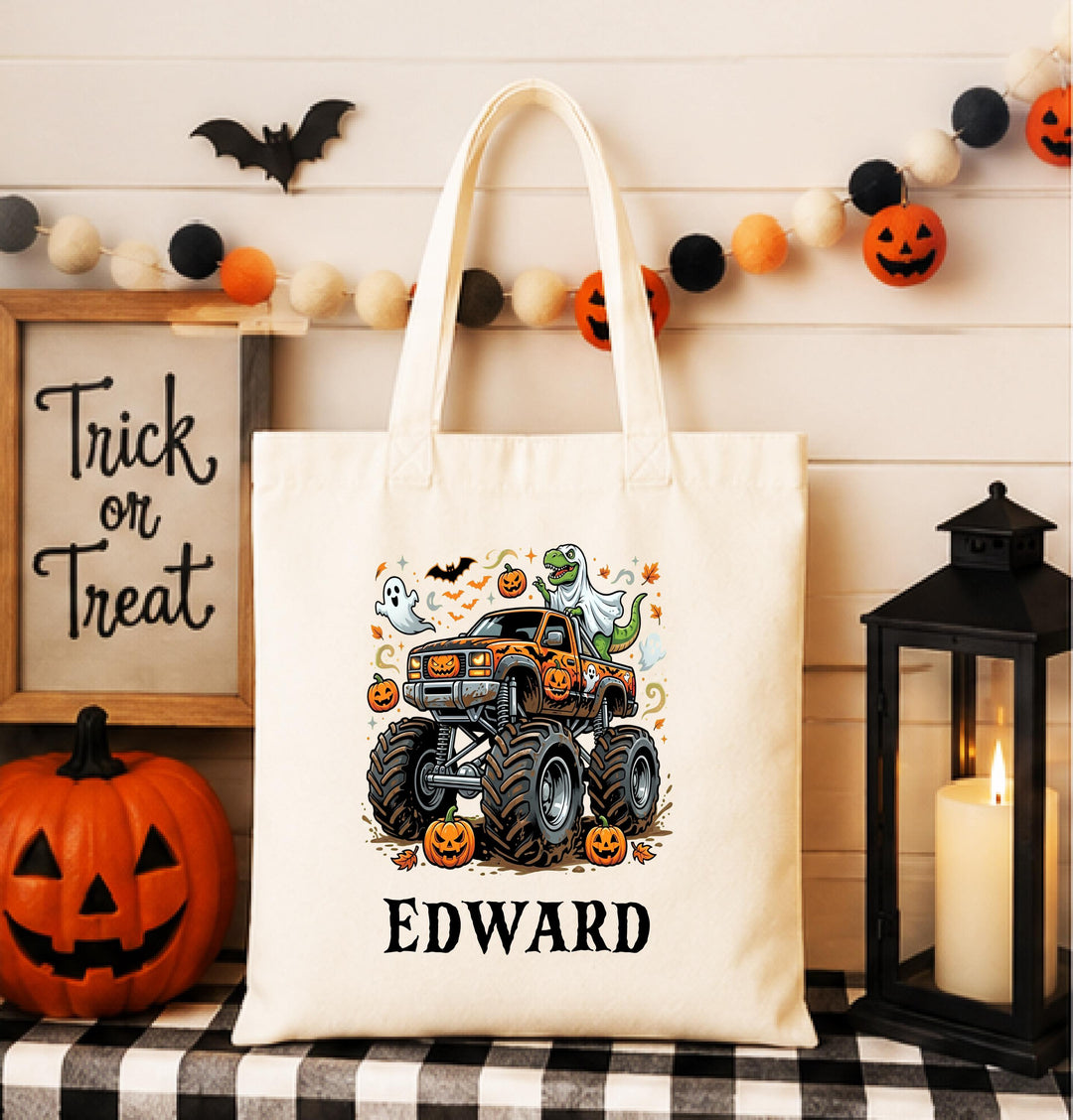 Personalized Monster Truck Ghost Halloween Tote – Custom Name Candy Bag