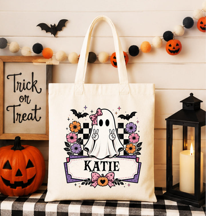 Personalized Retro Ghost Halloween Tote – Custom Name Candy Bag