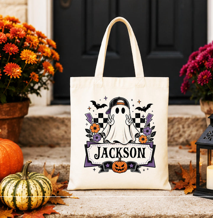 Personalized Retro Ghost Halloween Tote – Custom Name Candy Bag