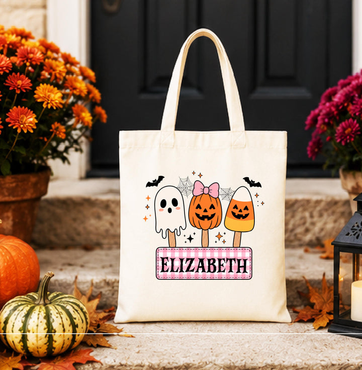 Personalized Ghost Pumpkin Halloween Tote – Custom Name Candy Bag