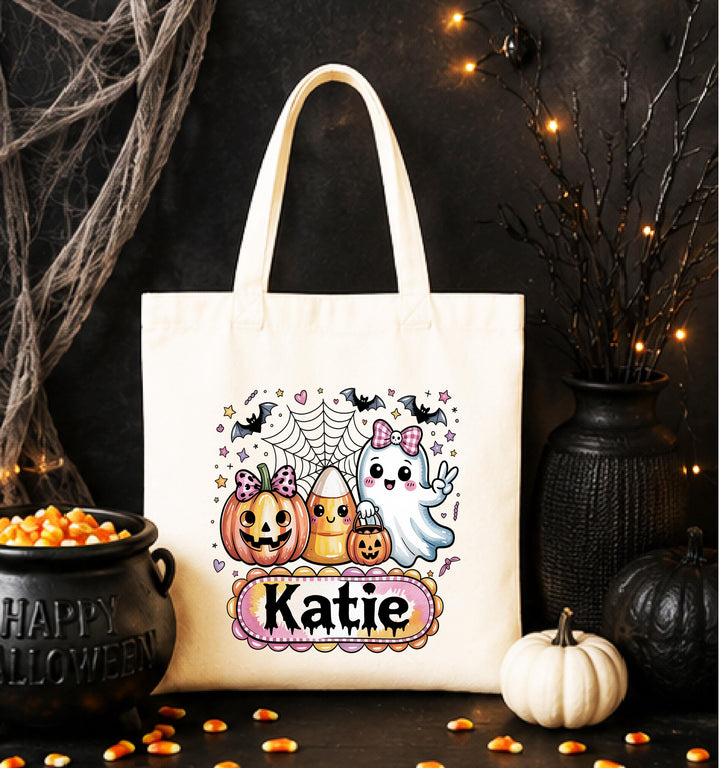 Personalized Ghost Pumpkin Halloween Tote – Custom Name Candy Bag