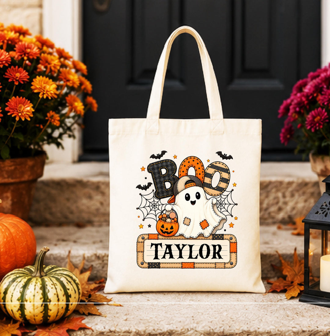 Personalized BOO Ghost Halloween Tote – Custom Name Candy Bag