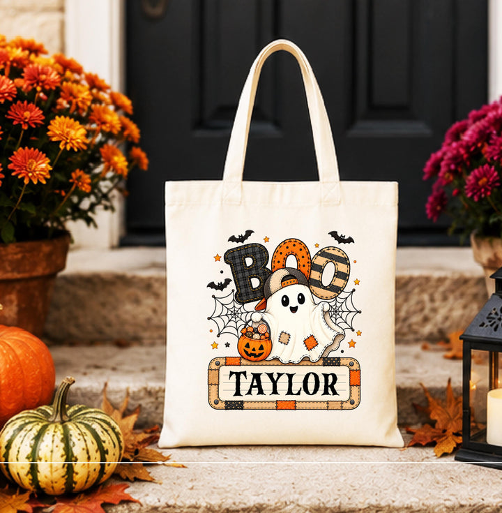 Personalized BOO Ghost Halloween Tote – Custom Name Candy Bag