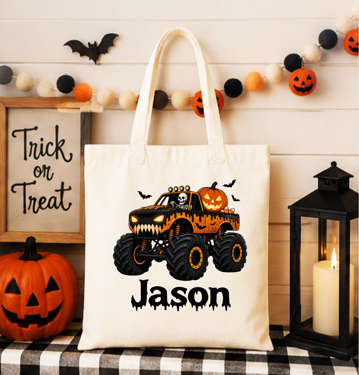 Personalized Monster Truck Skeleton Halloween Tote – Custom Name Candy Bag