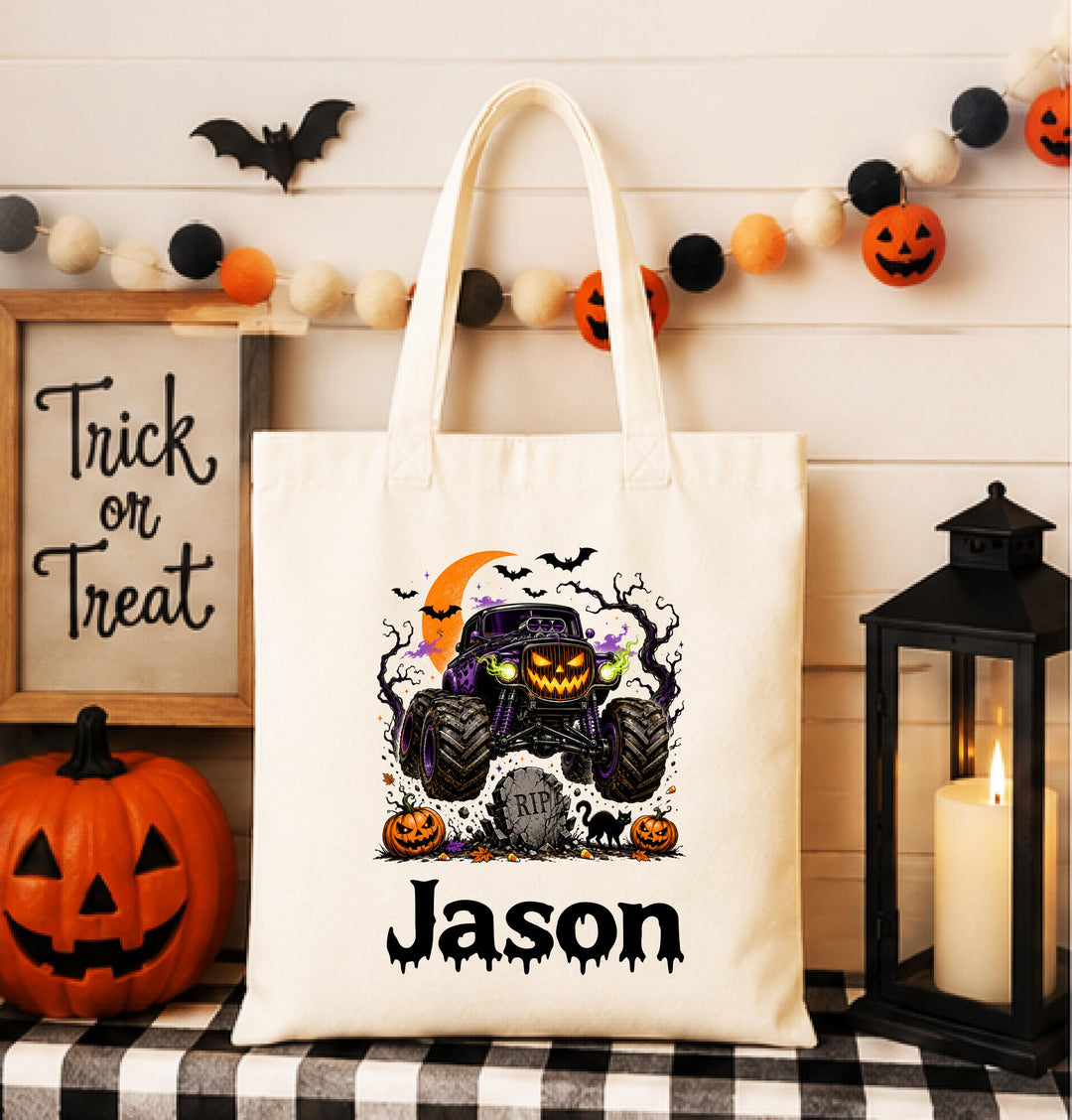 Personalized Monster Truck Graveyard Halloween Tote – Custom Name Bag