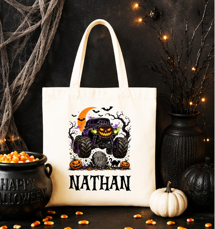 Personalized Monster Truck Graveyard Halloween Tote – Custom Name Bag
