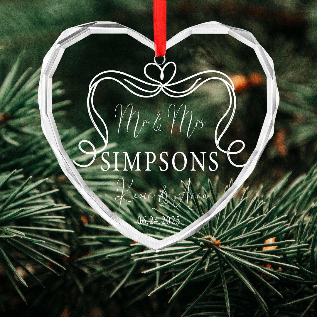 Personalized Mr & Mrs Heart Ornament – Engraved Wedding Keepsake