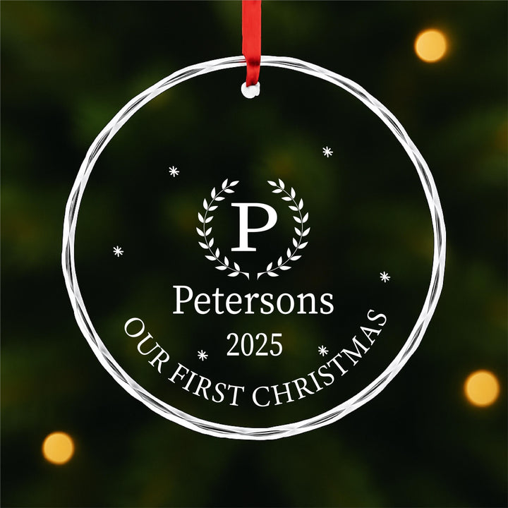 Our First Christmas Married Ornament – Monogram Wreath Keepsake