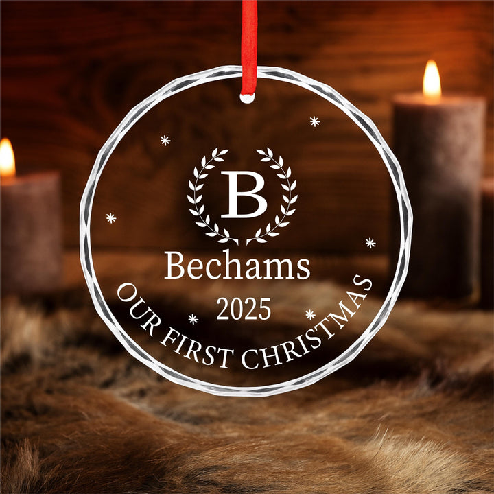 Our First Christmas Married Ornament – Monogram Wreath Keepsake