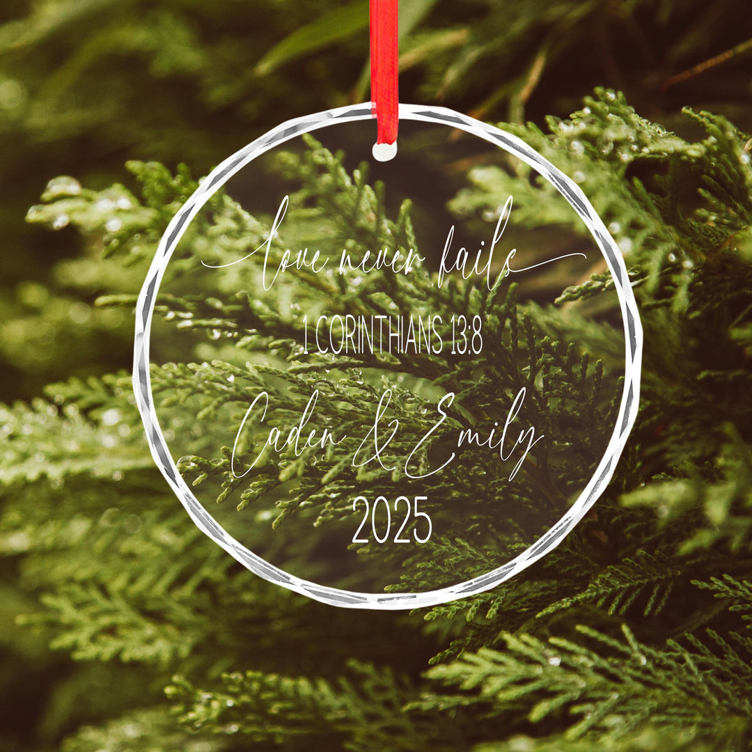 Personalized "Love Never Fails" Ornament – Engraved Couple Keepsake