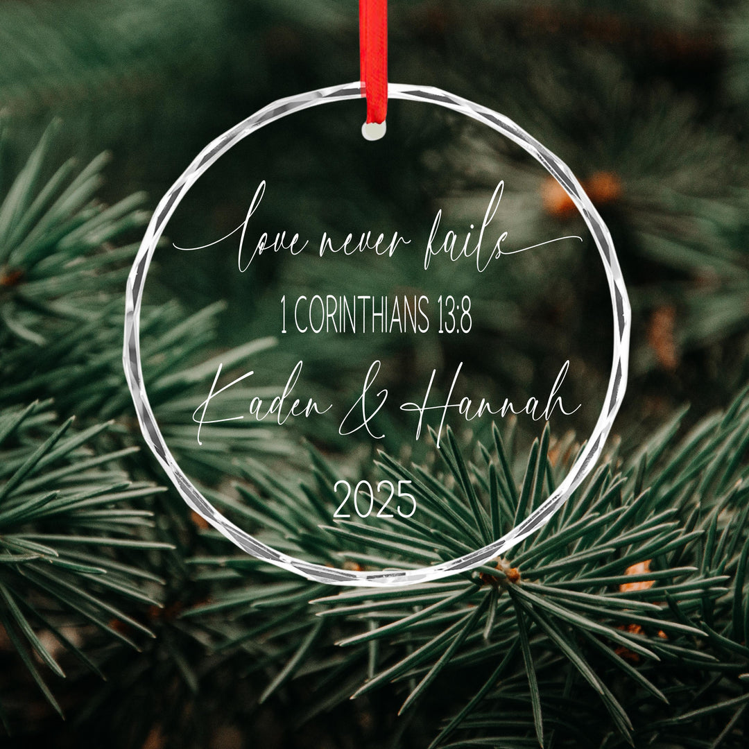 Personalized "Love Never Fails" Ornament – Engraved Couple Keepsake