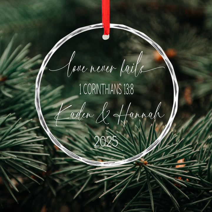 Personalized "Love Never Fails" Ornament – Engraved Couple Keepsake