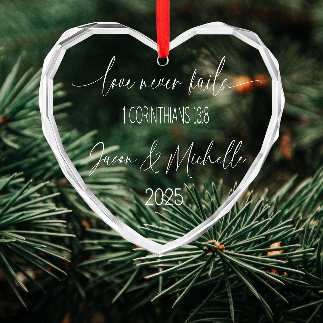Personalized "Love Never Fails" Ornament – Engraved Couple Keepsake