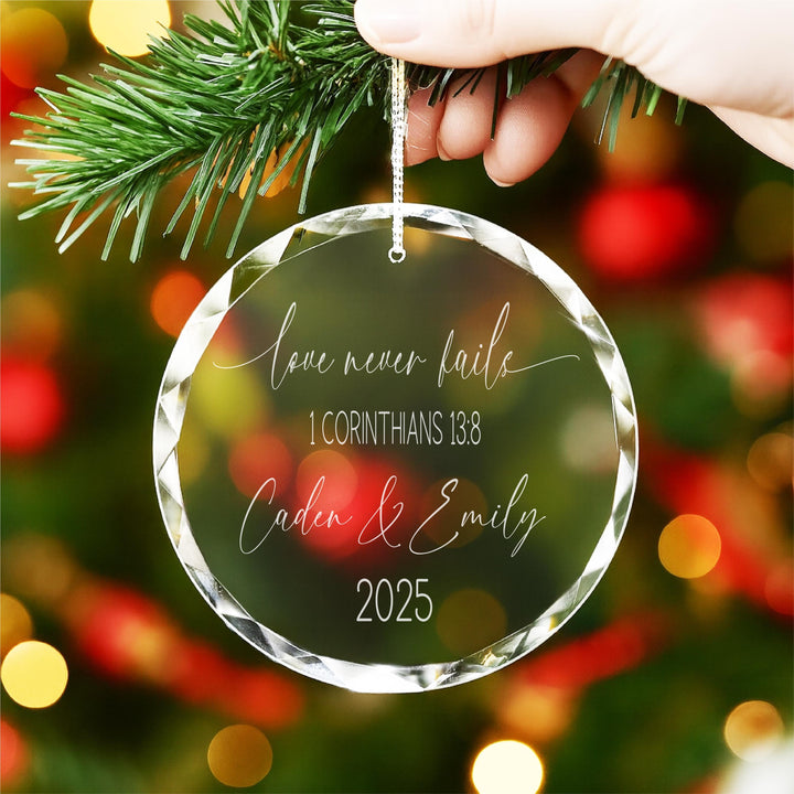 Personalized "Love Never Fails" Ornament – Engraved Couple Keepsake