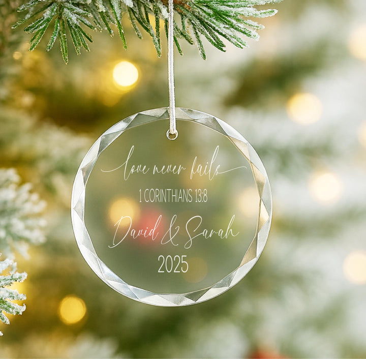 Personalized "Love Never Fails" Ornament – Engraved Couple Keepsake
