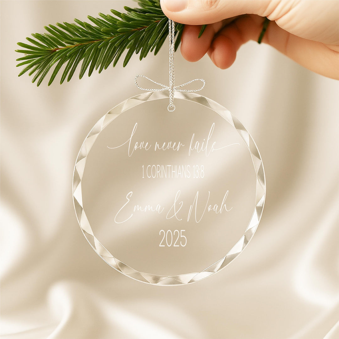 Personalized "Love Never Fails" Ornament – Engraved Couple Keepsake