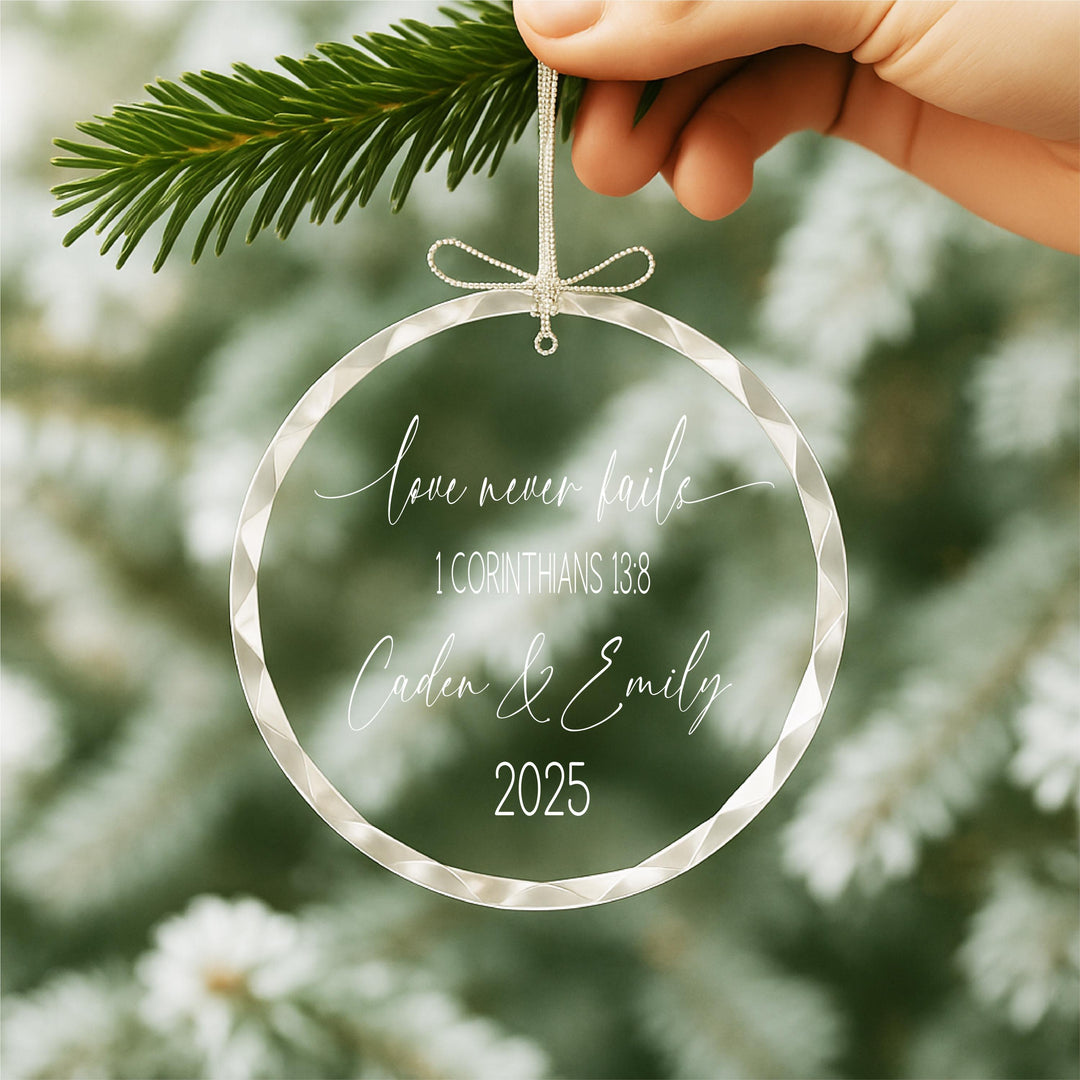 Personalized "Love Never Fails" Ornament – Engraved Couple Keepsake