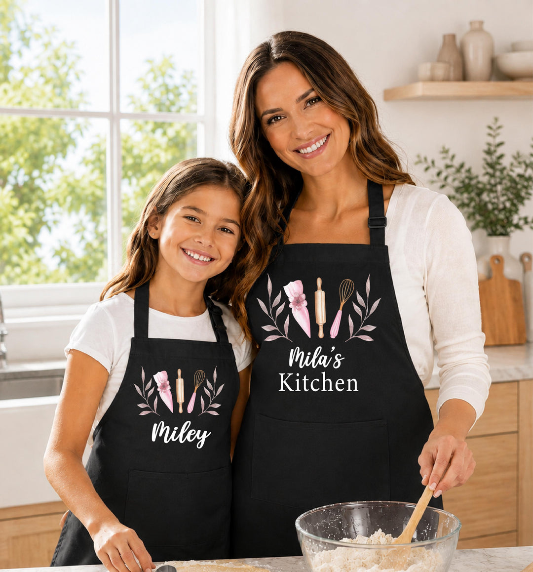 Personalized Mom Daughter Aprons, Floral Baking Utensil Apron, Custom Name Kitchen Apron, Matching Mommy Me Apron, Baking Gift
