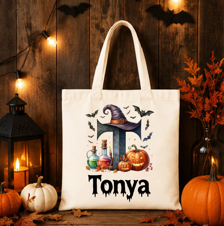 Halloween Tote Bag for Boys Girls, Witch Initial Treat Bag Personalized Halloween Trick or Treat Bag, Custom Name Kids Candy Bag
