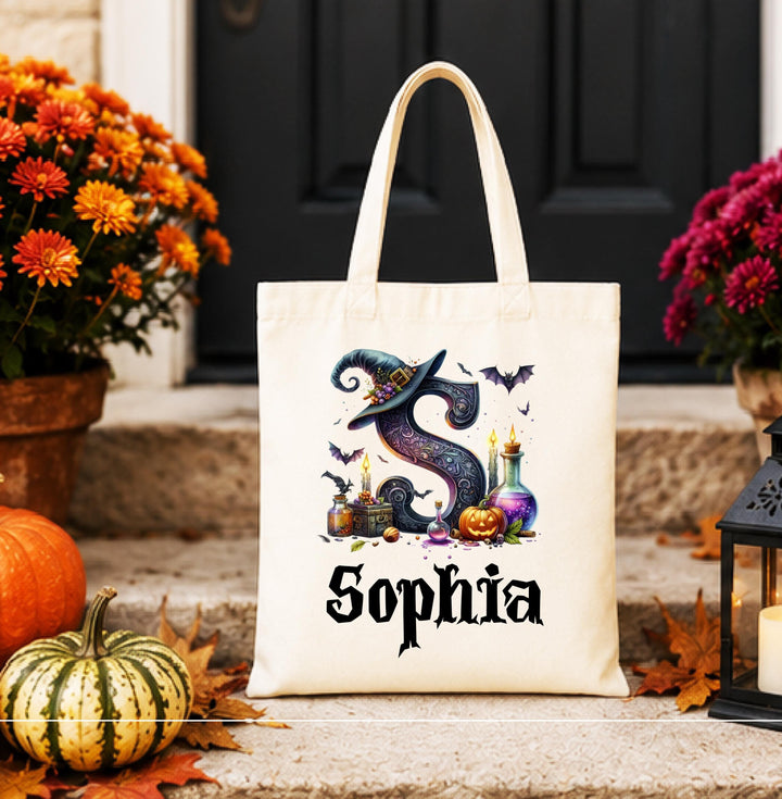 Halloween Tote Bag for Boys Girls, Witch Initial Treat Bag Personalized Halloween Trick or Treat Bag, Custom Name Kids Candy Bag