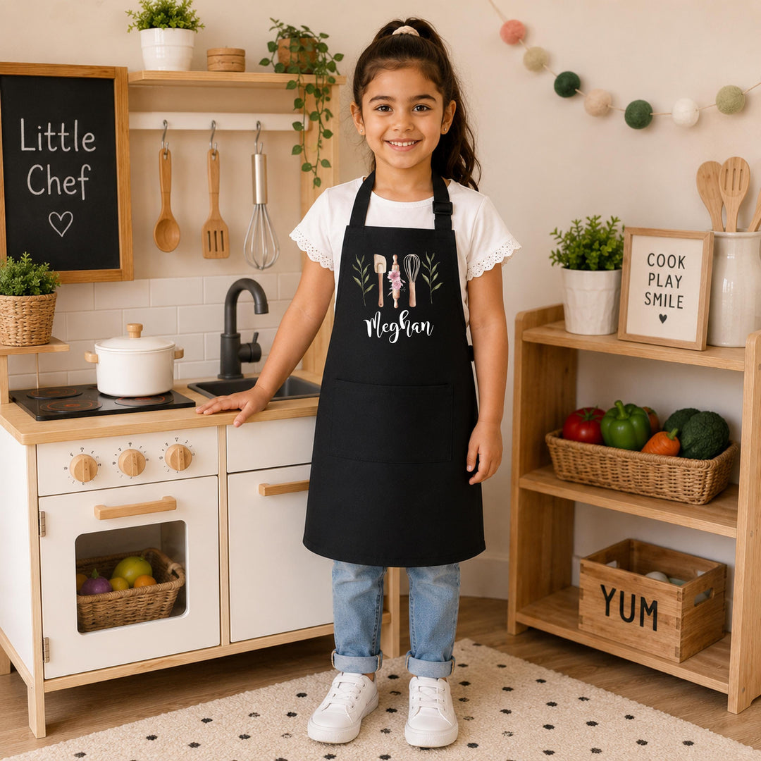 Custom Name Kitchen Apron, Matching Mommy Me Baking Gift Floral Baking Utensil Apron