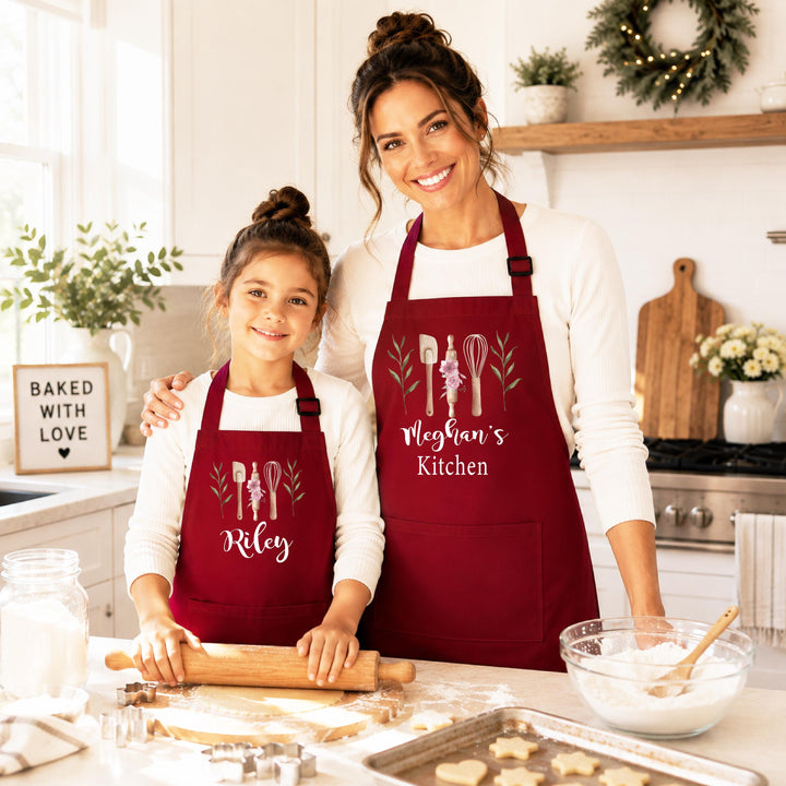Custom Name Kitchen Apron, Matching Mommy Me Baking Gift Floral Baking Utensil Apron