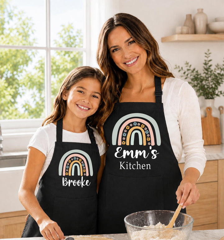 Personalized Mom Daughter Aprons, Boho Floral Rainbow Apron, Custom Name Baking Apron, Matching Mommy Me Kitchen Gift