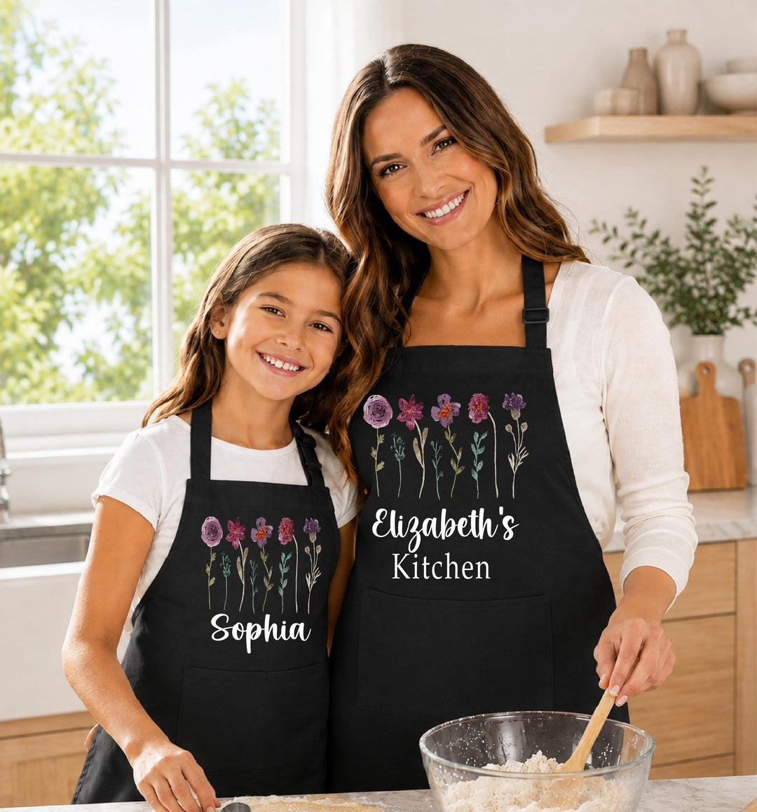 Purple Wildflower Apron, Matching Mommy and Me Apron, Custom Name Baking Apron, Floral Kitchen Gift