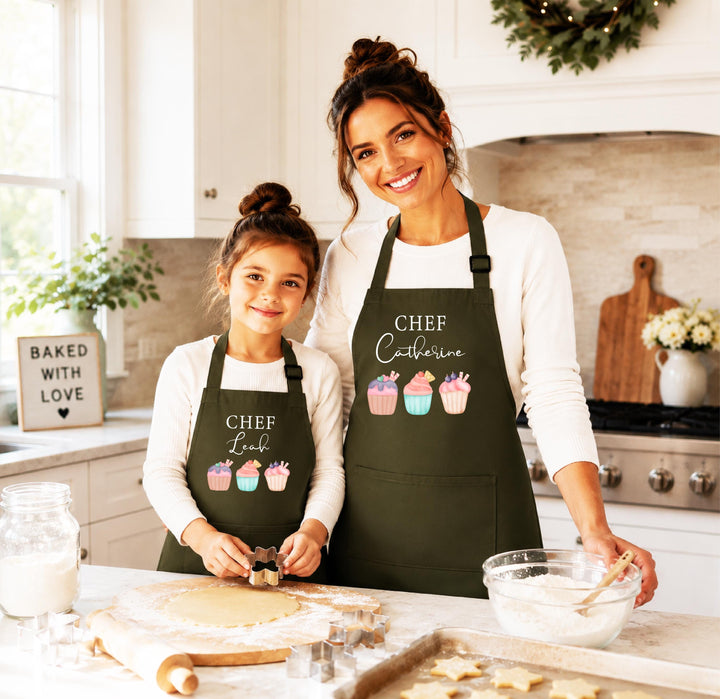 Custom Name Cupcake Trio Baking Apron – Mommy & Me Set