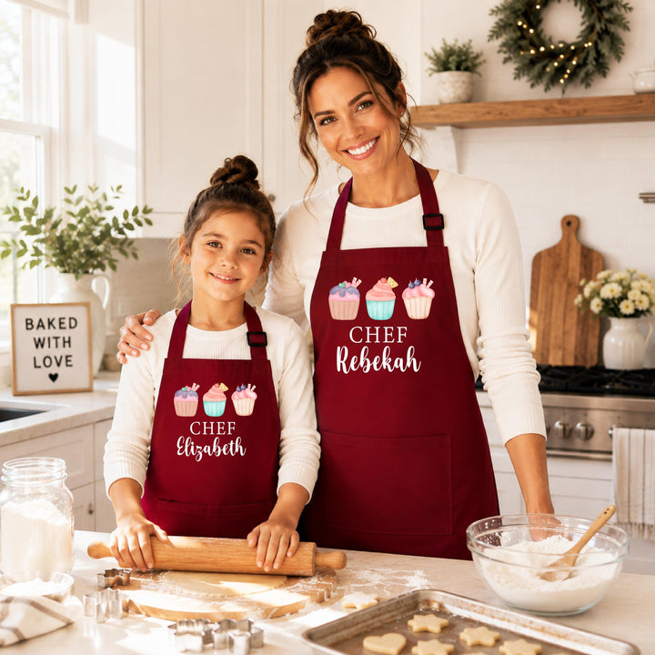 Custom Name Cupcake Trio Baking Apron – Mommy & Me Set