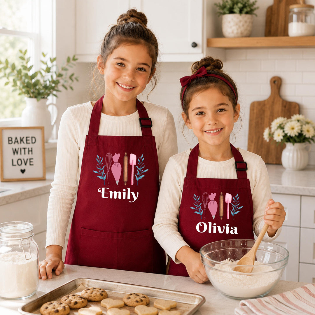 Personalized Mom Daughter Aprons, Lavender Floral Baking Set, Custom Name Kitchen Gift